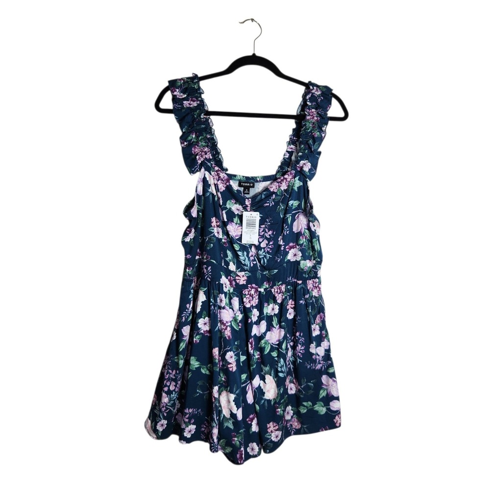Torrid Melinda Floral Legion Blue Stretch Challis Ruffle Romper Size 0 L 12